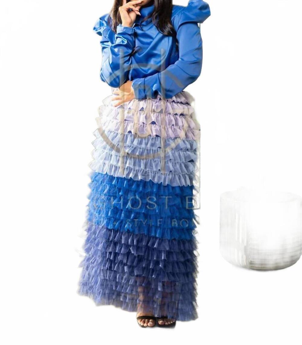 NEW N BY NANCY ruffle net maxi skirt in blue